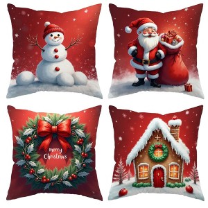 Lomsoe 4pcs Christmas Home Supplies, Bedding, Home Decor, Snowman, Santa Claus, Wreath, and Gingerbread House Printed Pillow Covers for Holiday Season - 1 of 4