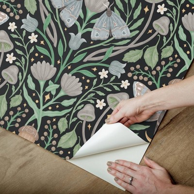 Black Damask Peel and Stick Wallpaper with Forest Design