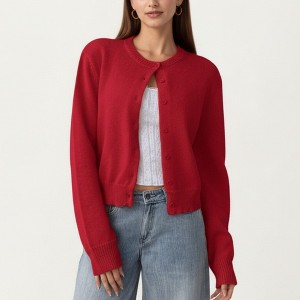 Anna-Kaci Women's Soft Knit Button Front Cropped Cardigan with Ribbed Trim Details and Relaxed Long Sleeves - 1 of 4