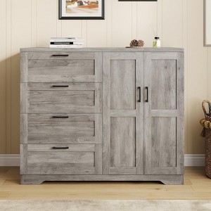 43.3" Armoire Wardrobe Closet with 4 Drawers and 2 Doors, Wooden Dresser with Hanging Rod, Multifunctional Storage Cabinet for Bedroom, Grey - 1 of 4