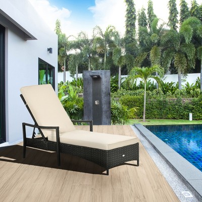 Beige Adjustable Wicker Outdoor Chaise Lounge with Cushions