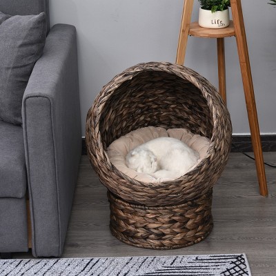 23" Handwoven Elevated Cat Bed with Cushion,Rotatable Wicker Cat Egg Chair,Raised Indoor Cat House for Small Cats-LAOTIES