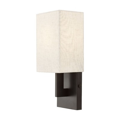 English Bronze Wall Sconce with Oatmeal Fabric Shade