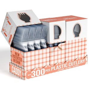 Crown Display Utensil Caddy Organizer – 3 x 100 Clear Plastic Forks, Disposable Spoons & Knives in 3 Tear-Top Boxes Kitchen Utensil Holder for Party - 1 of 4