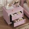 HDZNVF Mid Century Vintage Nightstand with Silver Glitter Strip Decor and Metal Legs, Velvet Bedside Table with 2 Drawers, Pink - 2 of 4