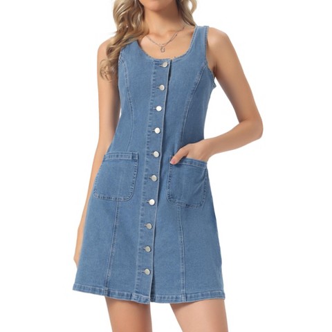 Женские платья INSPIRE CHIC Women Denim Button Down V Neck Sleeveless Collarless Mini Jean Dresses with Pockets Small Light Blue