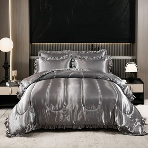 Satin Ruffle Comforter Set with Body Pillow Cover – 4-Piece Luxury Silk-Like Bedding, Soft Lightweight All-Season Quilt - 1 of 4