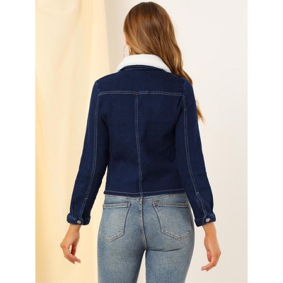 Allegra K Women's Detachable Collar Long Sleeve Button Down Denim Jacket Dark Blue Small — фото 4