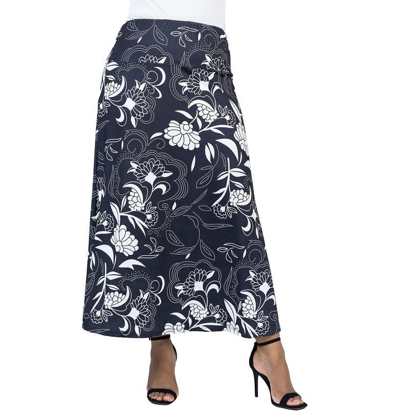 24seven Comfort Apparel Black and White Floral Plus Size Elastic Waist Ankle Length Comfortable Maxi Skirt, 1 of 7