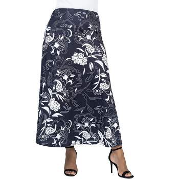 24seven Comfort Apparel Black and White Floral Plus Size Elastic Waist Ankle Length Comfortable Maxi Skirt