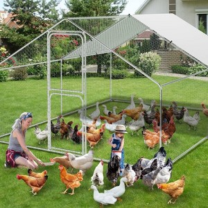 Outdoor Metal Chicken Coop with Dual Doors, Galvanized Chicken Run with Waterproof UV Cover, Large Spire Roof Hen House, 9.8' x 19.7' x 6.6' - 1 of 4