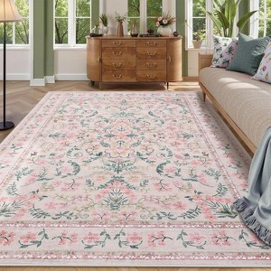 Jojoka Washable Area Rugs, Boho Floral Soft Rugs for Living Room, Non Slip Low Pile Carpet for Bedroom Dining Room Nursery Hallway - 1 of 4