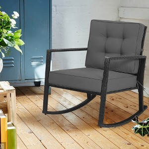 Costway Patio Rattan Rocker Chair Outdoor Glider Rocking Chair Cushion Lawn Navy\Black\Grey - 1 of 4