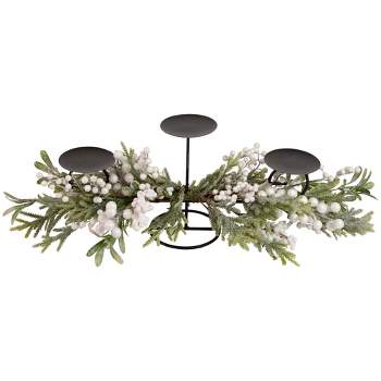 Northlight 26" Triple Candle Holder with Frosted Foliage and Berries Christmas Decor