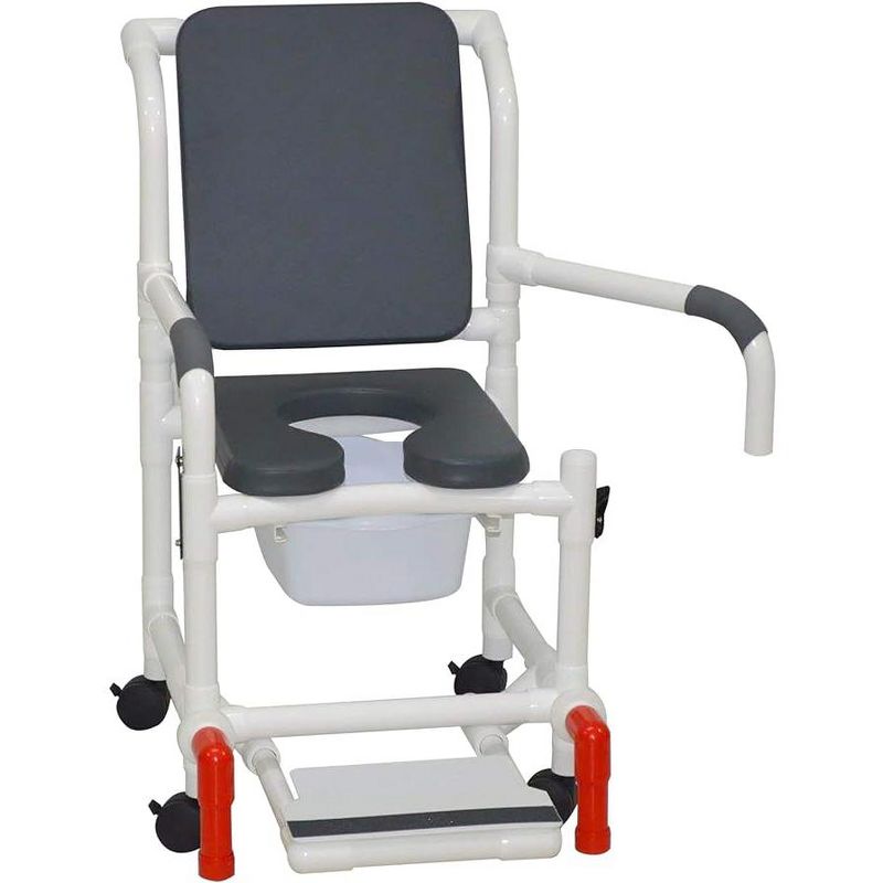 MJM International Corporation Shower chair 18 in width 3 in seat cushion padded back dual arms sliding footrest 10 qt slide mode pail front 300 lb wt, 1 of 2