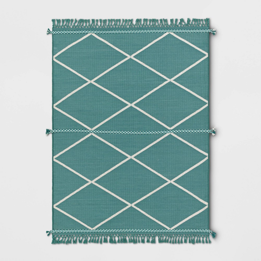 Photos - Doormat 7' x 10' Woven Tapestry with Braid Outdoor Rug Teal - Threshold™