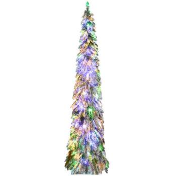 HOMCOM 7 FT Pencil Prelit Artificial Christmas Tree Holiday Decoration with Snow-flocked Downswept Branches, Warm White or Colorful LED Lights
