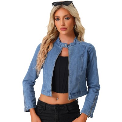 Allegra K Women's Stand Collar Zip Up Long Sleeve Motorcycle Biker Jean ...