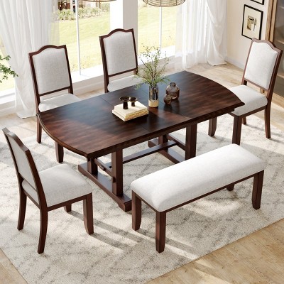 Extendable Dining Table Set for 6,6-Piece Kitchen Table with Bench and Upholstered Chairs,Traditional Wood Dining Set-The Pop Home