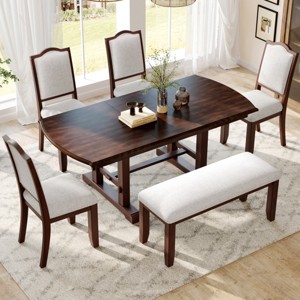 Extendable Dining Table Set for 6,6-Piece Kitchen Table with Bench and Upholstered Chairs,Traditional Wood Dining Set-The Pop Home - 1 of 4