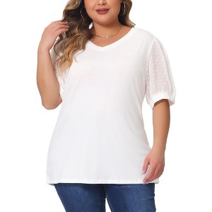 Agnes Orinda Women's Plus Size V Neck Swiss Dots Puff Sleeve Loose Casual Dressy Blouses - 1 of 4
