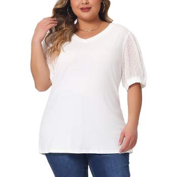 Agnes Orinda Women's Plus Size V Neck Swiss Dots Puff Sleeve Loose Casual Dressy Blouses