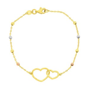 Classic Gold 14K Yellow Gold, Double Heart & Tri-Color D-C Bead Bracelet - Gold - 7.25 Inch - 1 of 2