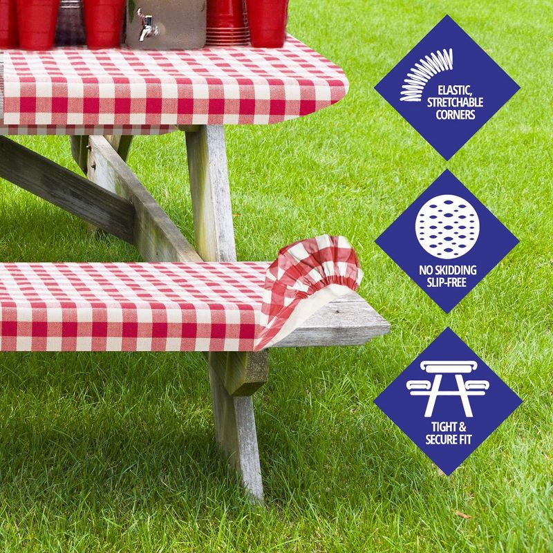 Picnic Table cover With Bench Covers -Fitted With Elastic, Vinyl With Flannel Back, Fits For Rectangle Tables,  Checked Designs, by SORFEY, 3 of 5