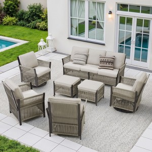 Buenhomino 7-Piece Wicker Patio Furniture Set – Sofa, Swivel Chairs, Armchairs & Ottomans, All-Weather Cushions & PE Rattan Frame - 1 of 4