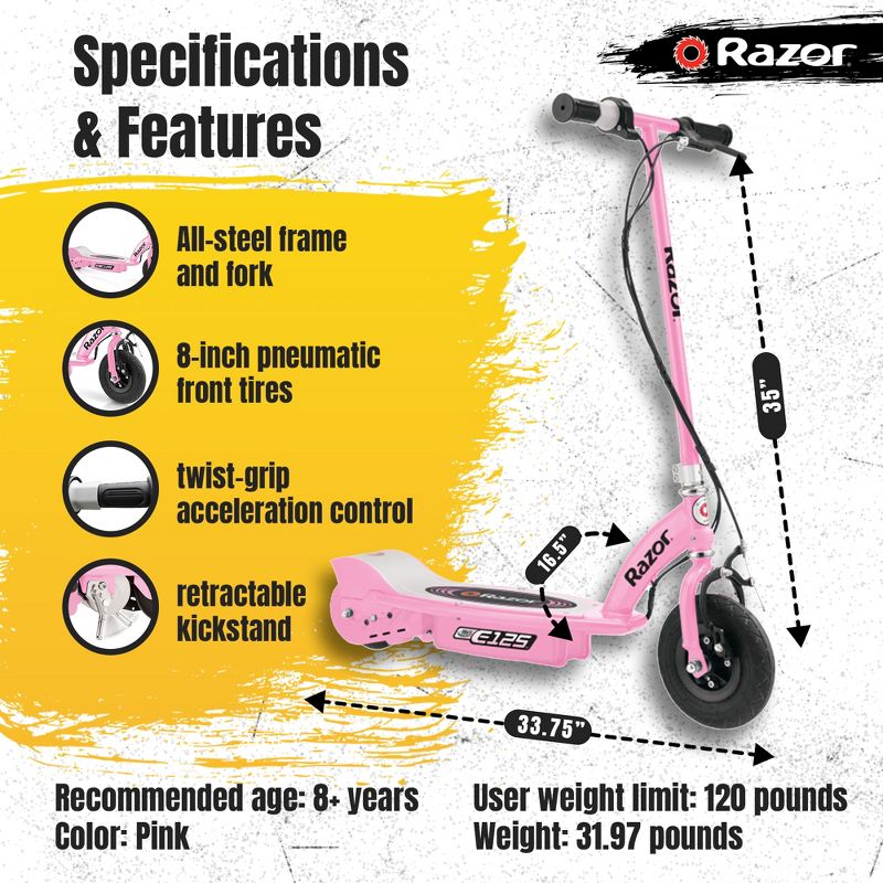 Razor E125 Kids Ride On 24V Motorized Battery Powered Electric Scooter Toy, Speeds up to 10 MPH with Brakes and 8" Pneumatic Tires, Pink, 4 of 7