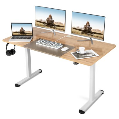 Tangkula Height Adjustable Electric Standing Desk 55” x 28” Sit to Stand Electric Desk w/ Metal Frame & Powerful Motor Natural / Rustic Brown / Gray / Oak / Gray + Black