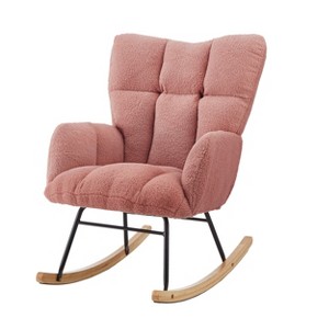 Gulches Pink Teddy Fabric Tufted Glider Rocking Chair, Metal Frame & Rubber Wood Legs, 300 lbs Capacity for Living Room & Bedroom - 1 of 4