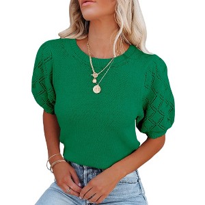 Women's Lightweight Short Sleeve Crewneck Sweaters Knit Pullover Tops with Casual Crochet Sleeve Blouse,Bright Green - S - 1 of 3