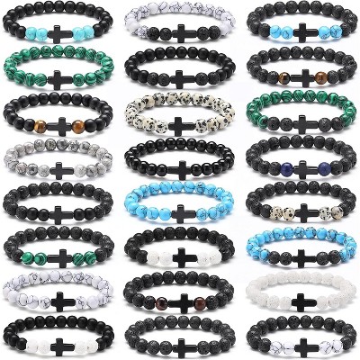 24-Pack Cross Beads Bracelet Set for Men & Women, 8mm Natural Stone Stretch Bracelets with Cross Charm