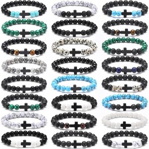 24-Pack Cross Beads Bracelet Set for Men & Women, 8mm Natural Stone Stretch Bracelets with Cross Charm - 1 of 4