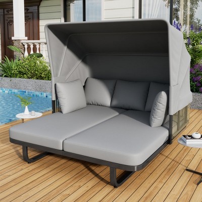 Chic Crate-57" Outdoor Rattan Daybed - Patio Furniture with Detachable Cushions for Backyard & Poolside (Modern Design, Grey)