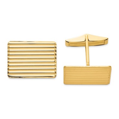 Black Bow Jewelry 14K Yellow Gold Grooved Striped Rectangle Cuff Links, 19 x 14mm
