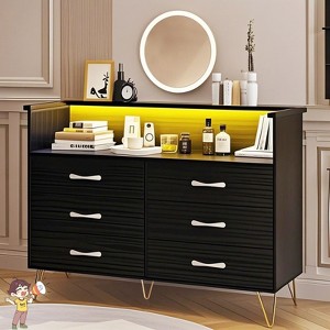 Jojoka Modern 6 Drawer Dresser with Power Outlets, LED Light Strip, and Steel Frame, Storage Chest for Bedroom or Hallway - 1 of 4