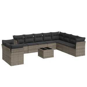 vidaXL Patio Sofa Set with Cushions Outdoor Furniture 11 Piece Poly Rattan - Gray With Table - 1 of 4