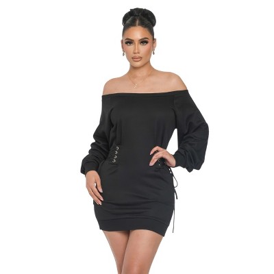 Slickblue Black Off Shoulder Mini Dress With Puff Sleeves and Side Lace-Up Detail - Size S to L