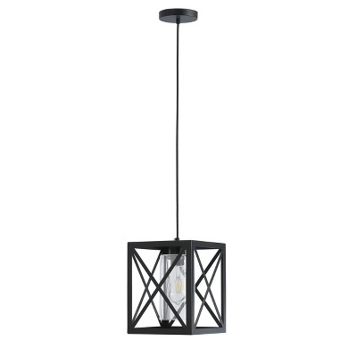 Modern Black Pendant Light with Clear Glass Shade, Industrial Geometric Cage Fixture for Kitchen Island