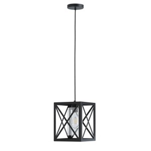 Modern Black Pendant Light with Clear Glass Shade, Industrial Geometric Cage Fixture for Kitchen Island - 1 of 4