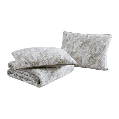 Reversible Sage Palm Motif White Cotton King Quilt Set