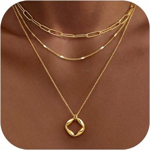 Layered Gold Necklaces for Women, Stackable Dainty Trendy Circle Paperclip Chain Pendant Choker Necklace - 1 of 4
