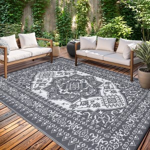 Waterproof Outdoor Rug Reversible Plastic Straw Mat, Vintage Medallion Patio Carpet for RV, Deck, Beach, Camping - 1 of 4