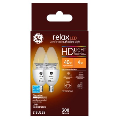 Relax soft white hd 40watt equivalent deco bc blunt tip candelabra base LED 2pc