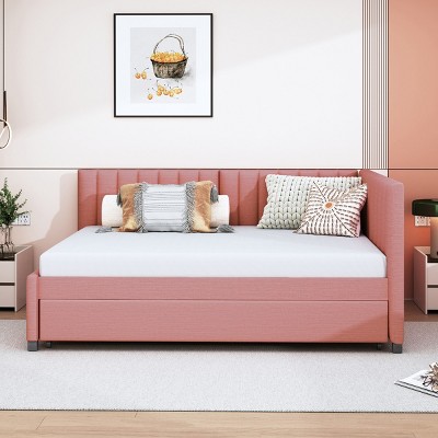 Full Size Upholstered Bed with Pull-Out Trundle and Backrest, Linen Sofa Bed for Apartment or Guest Room-Baofuwish