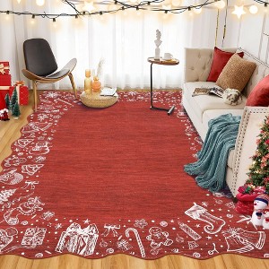 Scalloped Christmas Rug Non Slip, Washable Low Pile Non Shedding Xmas Holiday Carpet Indoor Printed Area Rug - 1 of 4
