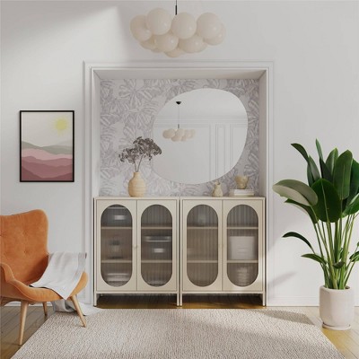 Parchment Metal Accent Cabinet with Fluted Glass Doors