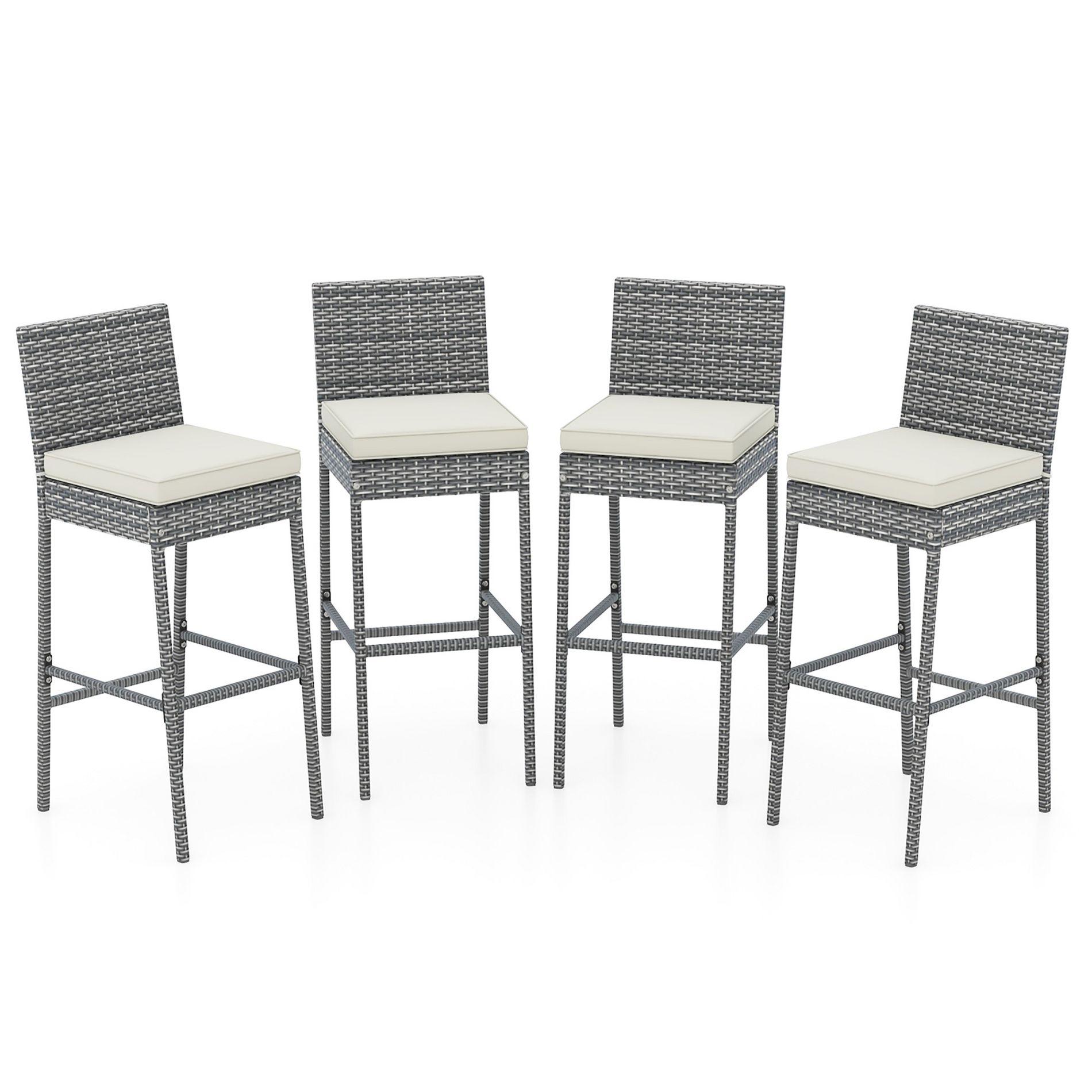 Costway 4 PCS Patio Wicker Barstools Bar Height Chairs W/ Cushions Backyard Off White